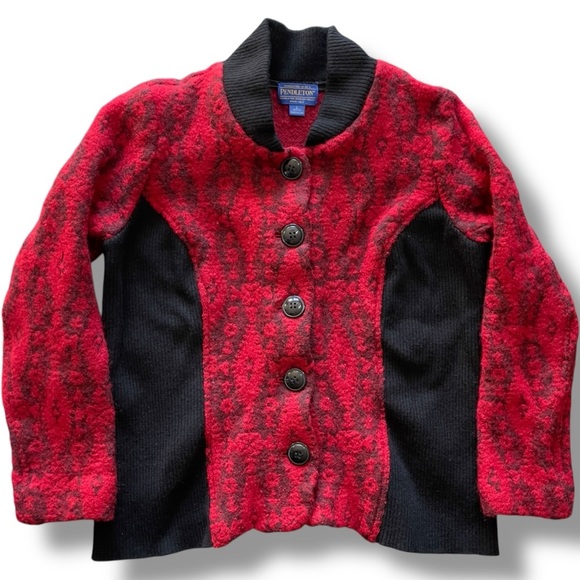 Pendleton Red Black Wool Southwest Cardigan Button Up Jacket Aztec Western LP - Picture 1 of 7